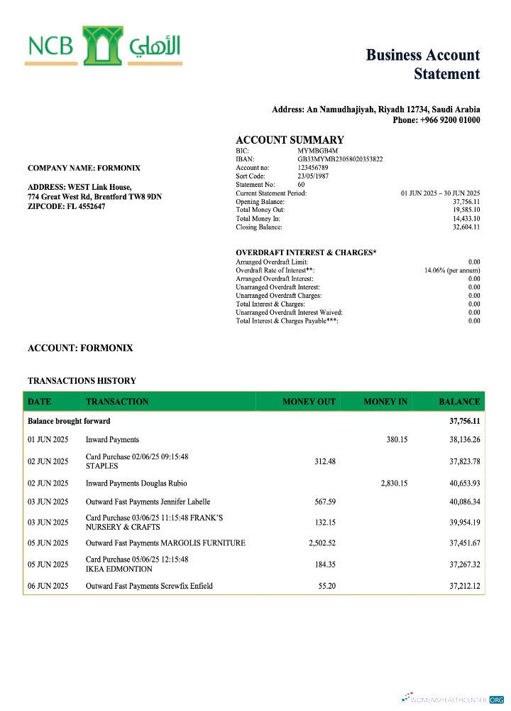 Download Saudi Arabia NCB business account statement Word and PDF template Photoshop template